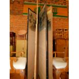 An oriental wooden and fabric four fold screen inset with landscape pictures, 172cm high, 212cm