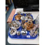 Silver plated wares, including a mustard pot, sugar sifter, four chamber sticks, etc. (1 tray)