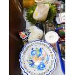 An Henriot Quimper floral painted comport, green glass fruit bowl and sundry ceramics and glass