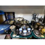 Plated wares, including pedestal sweetmeat dishes, an egg stand, goblets, condiments, coffee pots,