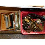 Picture frames, plated wares, a copper model of a vintage car, cast flat irons, etc. (2 boxes)