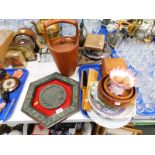 A Mexican Aztec style hexagonal wall plaque, treen bowls, clothes brush, RNLI brass sun dial