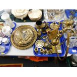 Brass ware, including dishes and trays, candlesticks, a companion set, bells, etc. (1 tray plus)