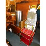 An oak veneered sewing box, 1950's trolley, drop leaf table, gilt and onyx mirror, etc. (8)