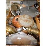 Metal wares, including a plated tray and tazza, copper sauce pan, brass dishes, and embossed and