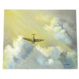 D.M. Fox. Spitfire in flight, oil on board, 14.5cm x 56cm.