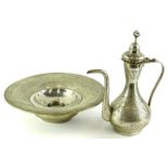 An Islamic nickel silver coffee pot, and a similar flared bowl, each decorated with scrolls,