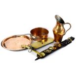 Various items of metalware, to include a large copper and brass pan lid, a copper pan with iron