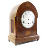 A late 19thC/early 20thC mahogany and marquetry clock case, the white enamel dial with Roman