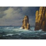 Paul Wolde (1885-1948). Rocky coastal scene, oleograph, signed, 59cm x 79cm.