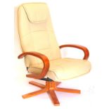 A modern swivel open armchair, with cream leather padded back and seat, bentwood arms on splayed