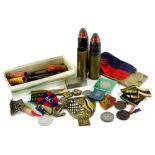 A collection of militaria, to include some cloth badges for Civilian Mil Gov, commemorative