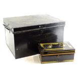 A black painted Deed box, and a small black and gilt cash tin.