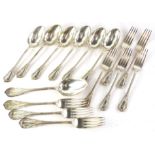 A part set of silver plated table forks and spoons, each with a leaf cast handle, engraved with