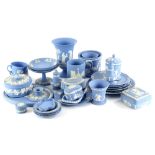 A large quantity of Wedgwood blue Jasperware, to include vase, Christmas 1971 tankard, dressing