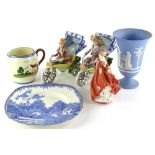 A collection of pottery etc., to include two Italian novelty figures of gentleman and lady riding