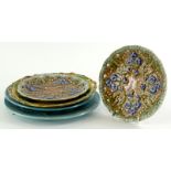 A collection of Majolica dessert dishes, to include one decorated with fruit on a turquoise