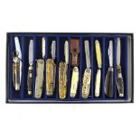 A collection of fruit and pen knives, to include part-antler, chrome plated, simulated ivory etc.