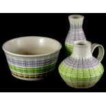 Three items of Bourne Denby stoneware, each decorated with bands of green, purple and brown and