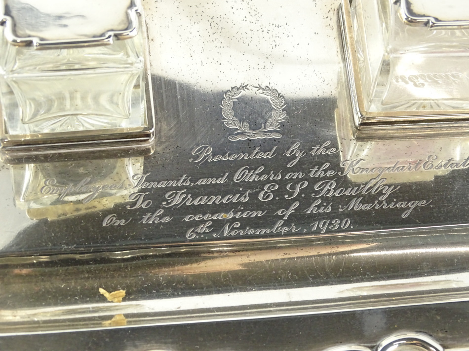 A George V silver presentation ink stand, of rectangular form with a shaped edge and two glass - Image 2 of 3