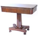 A mid 19thC mahogany tea table, the rectangular folding top with rounded ends, above a plain frieze,
