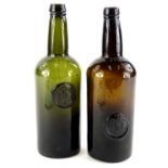 Two green glass bottles, each with seal mark for Longhills.