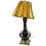 A Paris porcelain lamp base, painted with flowers, on a black ground, with gilt metal mounts and