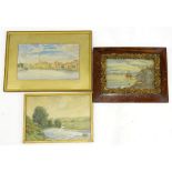 E.Miller. Gainsborough river landscape, watercolour 16cm x 26cm and two other watercolours.
