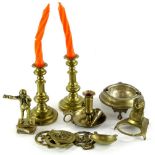 A collection of metalware, to include brass candlesticks, horse brasses, sphinx, inkstand, etc.