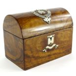 A Victorian walnut tea caddy, the domed lid with silver plated engraved vacant cartouche,