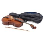 A Primavera child's cello, a cello bow and a violin bow, 112cm long overall.