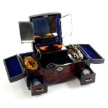 A Japanese lacquer musical jewellery box and contents, comprising ladies and gent's wristwatches,