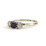 A Victorian 18ct white gold and platinum diamond and sapphire ring, set with square cut sapphire,