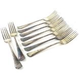 An associated set of nine silver Old English pattern dessert forks, each engraved with initial R,