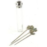 A Victorian cut glass and silver mounted hat pin jar, the domed lid engraved with a laurel wreath,