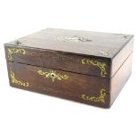 A late 19thC rosewood brass and mother of pearl inlaid workbox, the hinged lid enclosing a vacant