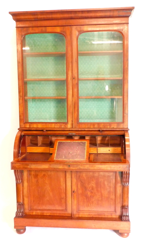 A Victorian mahogany cylinder bureau bookcase, the top with a moulded cornice with two glazed doors, - Image 2 of 2