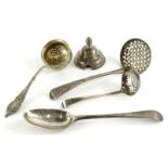 A collection of small silver and white metal, to include a continental sifter spoon, an English