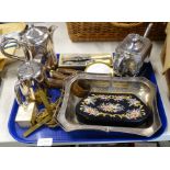 Plated wares, to include tea pot, loose flatware, tray with handle etc., (1 tray).