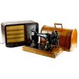 A Singer sewing machine, in a walnut case and Bakelite radio (AF).