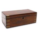 A mahogany and brass bound writing box, the rectangular brass tablet to the top bearing the name H T