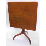 A 19thC mahogany occasional table, the square tilt top on a turned column with downswept tripod
