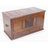 A 19thC pine mule chest, with a hinged panelled top enclosing a partially fitted interior with