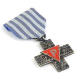 An Auschwitz Cross Holocaust medal, dated 1939-45 with P in red enamel, striped blue ribbon.