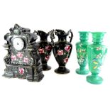 A late 19thC Staffordshire pottery clock garniture, comprising mantel clock decorated with roses