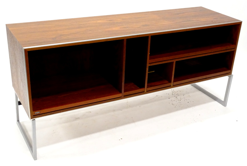 A 1970's Bang & Olufsen rosewood and brushed aluminium hi-fi cabinet, with various compartments,