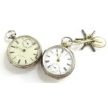 Two silver cased pocket watches, each with enamel dial, one bearing the name Depree, Raeburn & Young