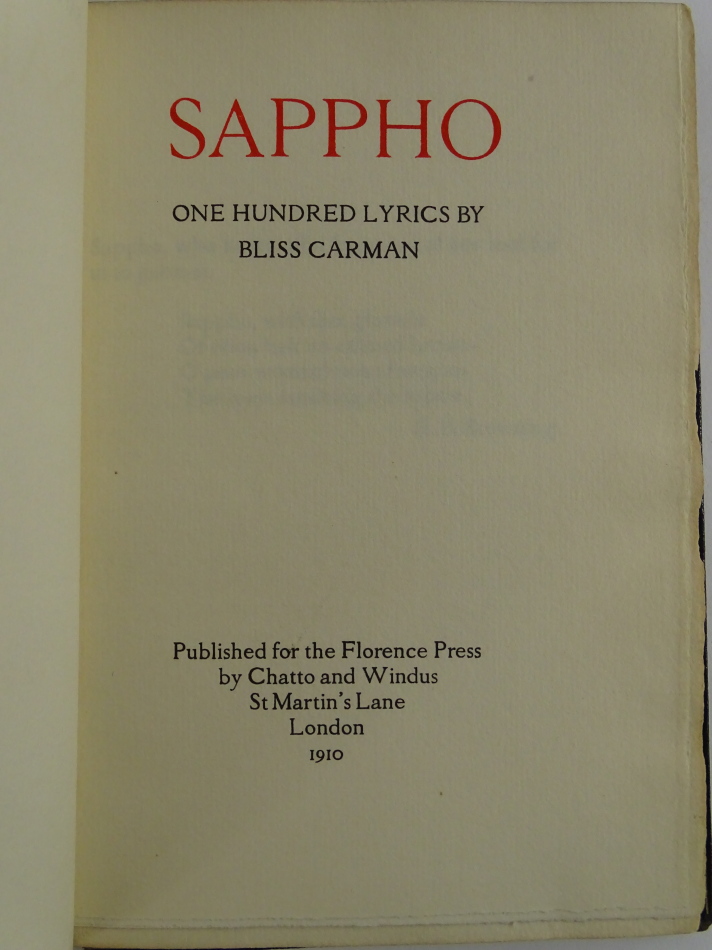 Carmen (Bliss). Sappho, published for the Florence Press 1920, by Chatto and Windus, black tooled - Image 2 of 3