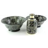 Three items of Studio Pottery by B.Frith, to include two bowls with flower head design, white,