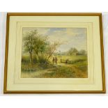 V.Merritt. Children beside a country bridge with church etc., watercolour, signed lower right,